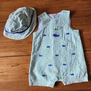 Little Me Green/White Stripped With Blue Whales Short Talls. W/Hat Sz: 6 Months